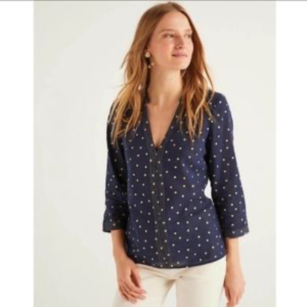 Boden Rosanna Embroidered Navy and Gold Foil Polka Dot Top